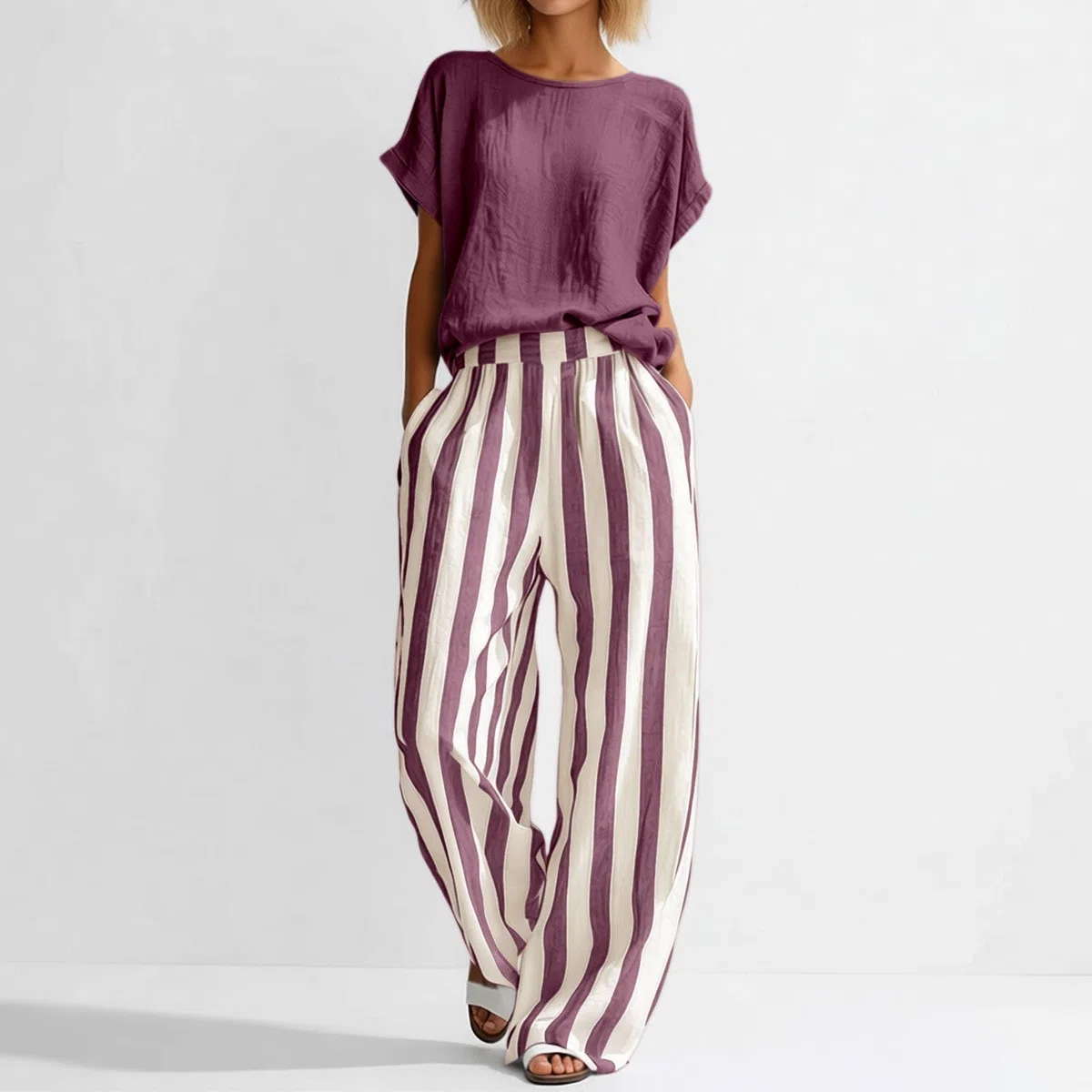 Generisch Traje de ocio para mujer de dos piezas de algodón y lino, juego de 2 piezas, cuello redondo, manga corta, parte superior con pantalones de cintura alta, elegante, cómodo, transpirable, traje