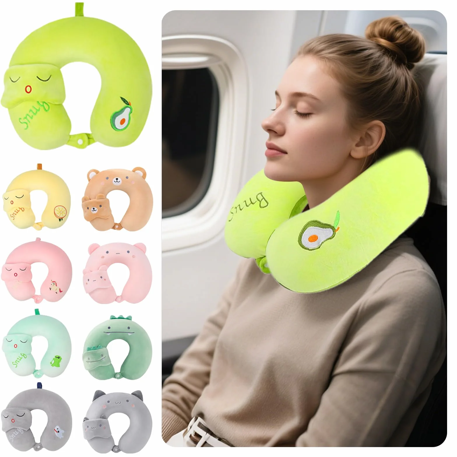 Almohada De Viaje 2 En 1 para Niños, Almohada De Viaje En Forma De U La Funda De Almohada Es Extraíble Y Lavable, Adecuada para Adultos Y Niños (Dinosaurio Verde)