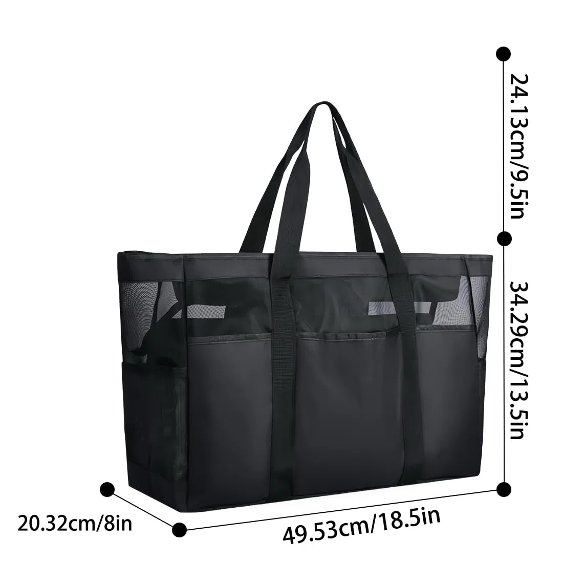 Bolso de Playa de Malla Negro XXL Familiar con Cremallera,50 * 34 * 20cm Bolso de Playa para Mujer Grande,Impermeable Bolsa Playa para Viaje Compras Playa