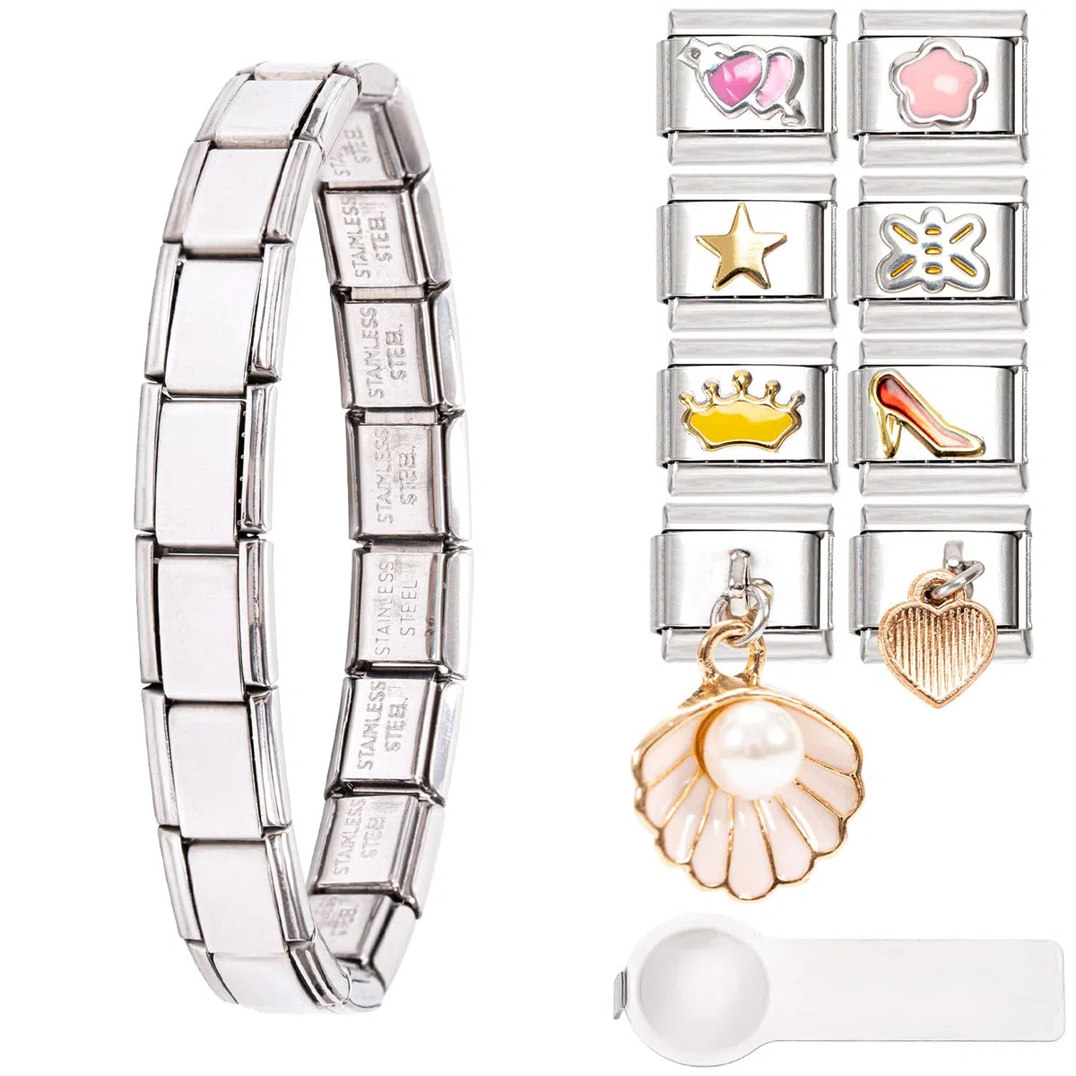 Pulsera italiana con 8 colgantes italianos con herramientas de apertura, módulos extraíbles de 9 mm para pulseras italianas, de acero inoxidable italiano para mujer