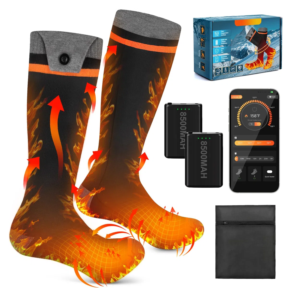 YOOHBERRYS Calcetines Calefactables, Calcetines Termicos con 8500mAh Recargable Batería, App Control Temperatura Máxima 70 Grados, Calcetín Calefactor Electricos para Sci, Campeggio, Ciclismo