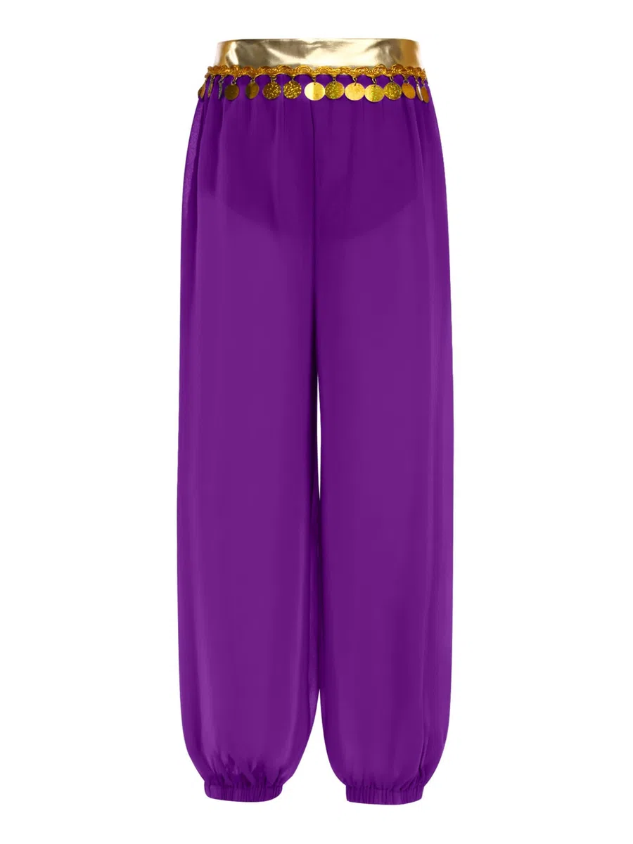 Pantalones Danza del Vientre para Niñas Pantalones Harem de Gasa con Monedas Lentejuelas en Cintura Disfraz de Danza Árabe para Fiestas Temáticas 5-16 Años