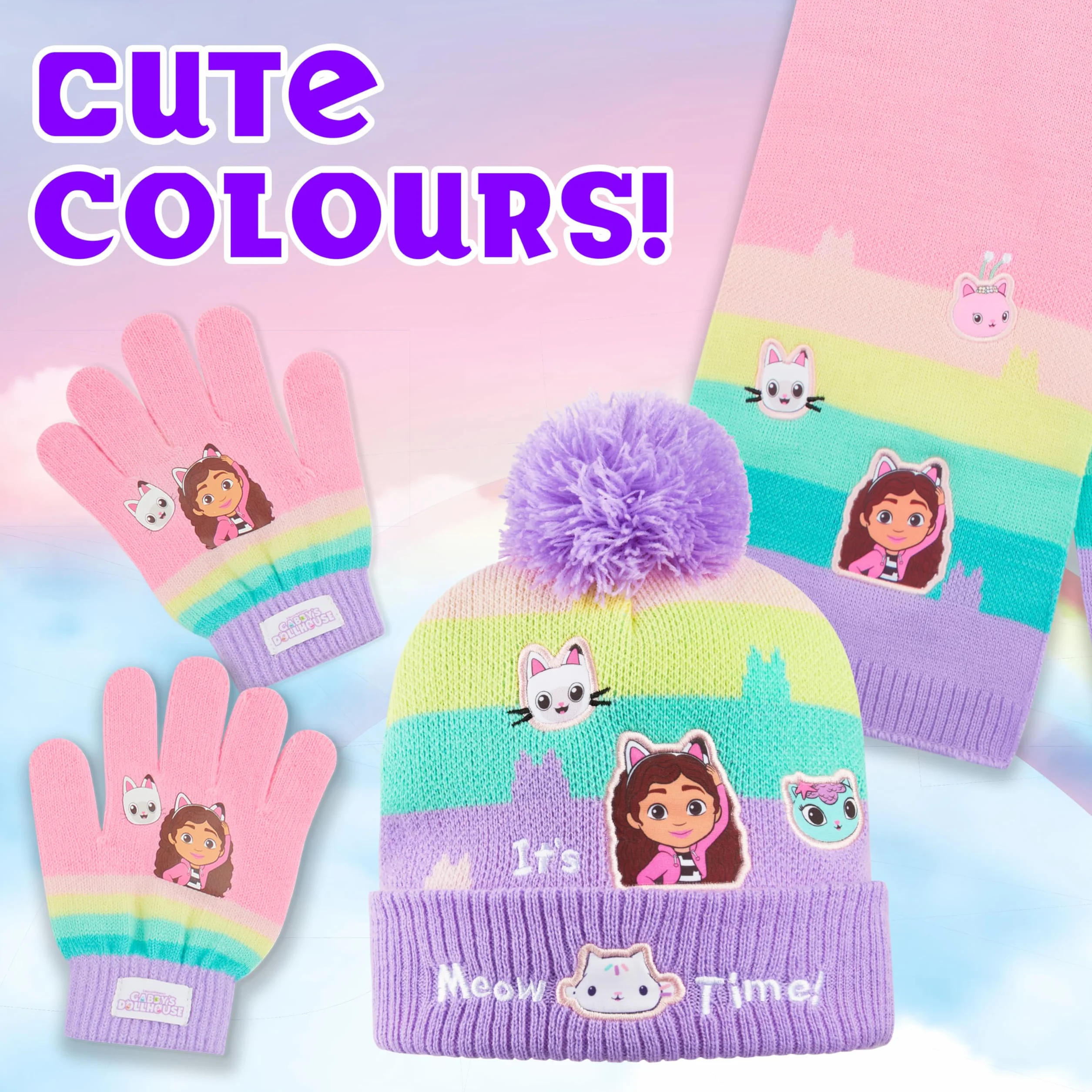 Gabby's Dollhouse Set de Invierno 3 Piezas, Gorro, Bufanda y Guantes para Niñas