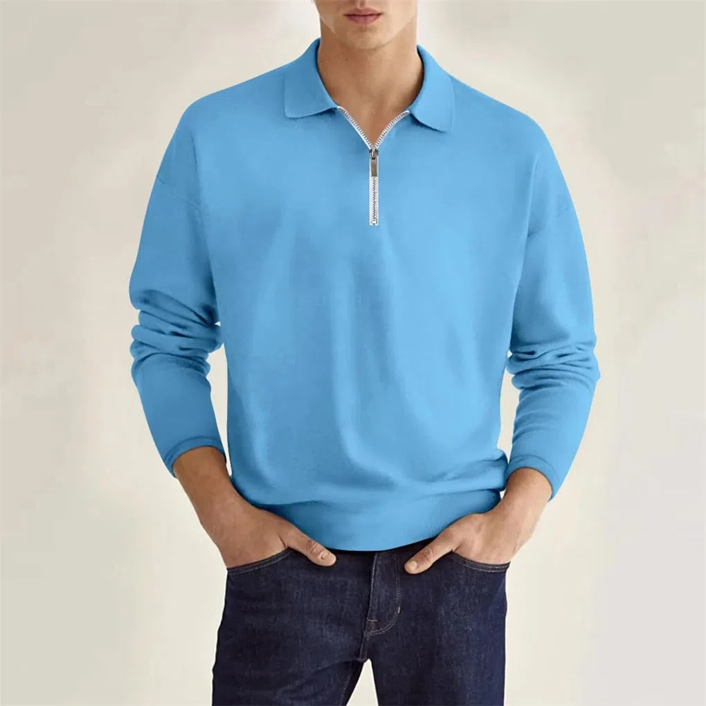 Rfmfkkg Polo de manga larga con cremallera de color sólido para hombre, estilo casual