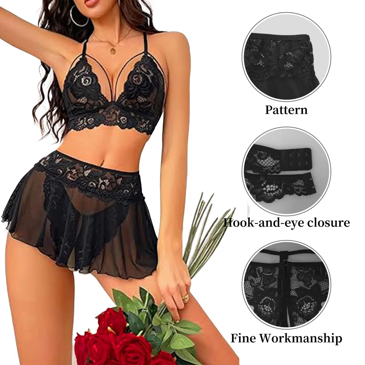 JFAN Conjunto Lencería para Mujer 3 Piezas Transparente Cuello en V de Encaje Mini Babydoll Floral Conjunto de Push Up Sujetador y Tanga