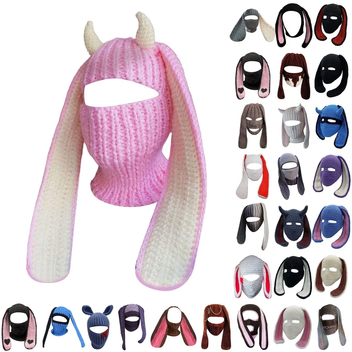 Pasamontañas divertido con orejas de conejo, gorro de moto, pasamontañas de punto, pasamontañas, bicicleta, mujer, hombre, invierno, máscara facial cálida, al aire libre, gorras de nieve, trineo de