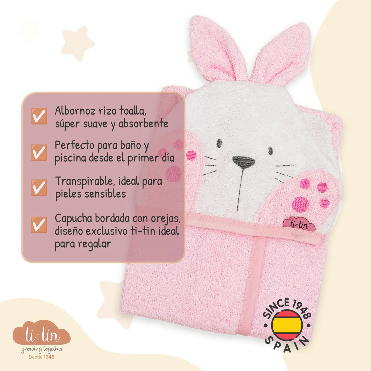 Ti TIN Albornoz infantil con capucha de orejitas de conejo para bebés de 3 a 9 meses 90% algodón rizo 10% poliéster medidas 63x33 cm transpirable absorbente extra suave fácil secado y lavado