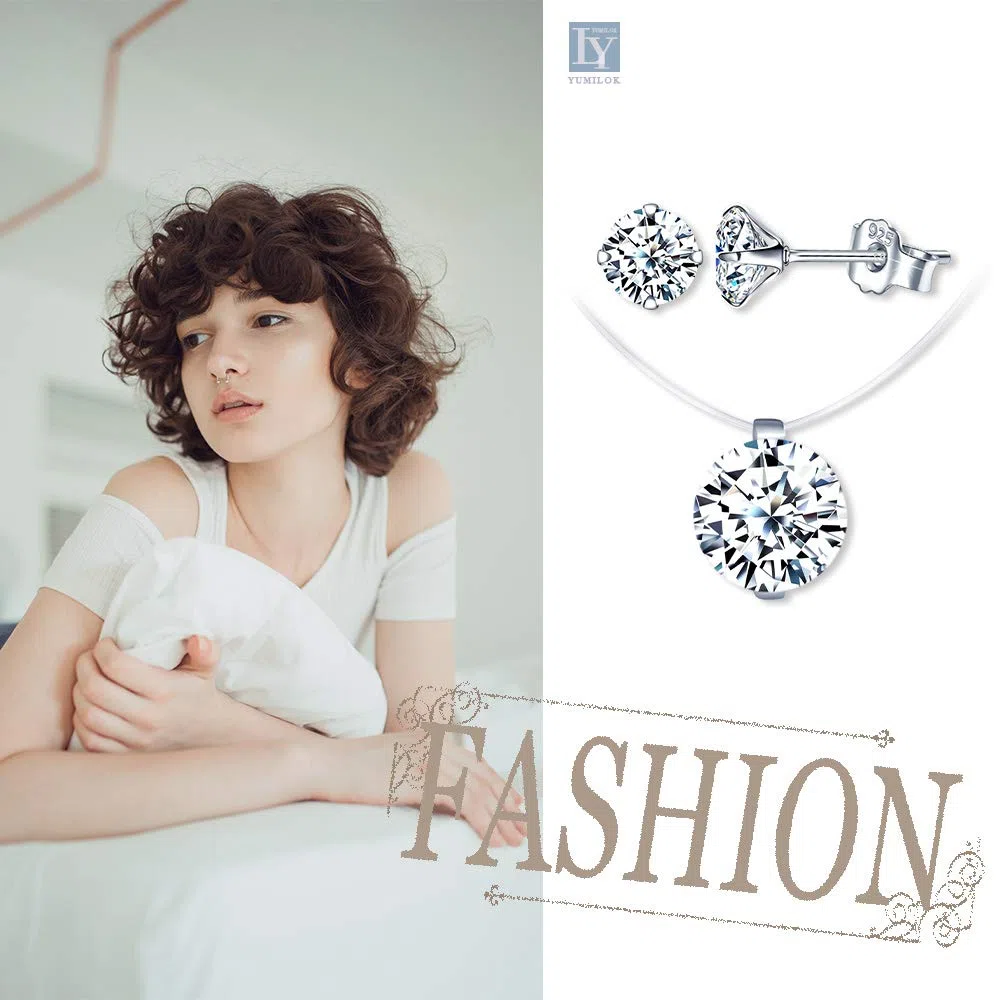 Yumilok Conjuntos de Joyas de Diamantes, Collar de Gargantilla con Hilo de Pescar Invisible, Gargantilla para Mujer, Pendientes de Diamantes, en Plata 925