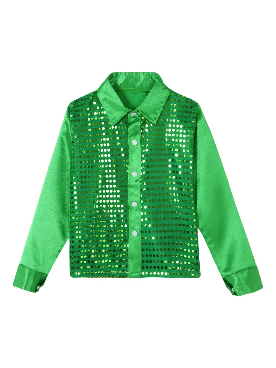 iiniim Camisa de Manga Larga Niño Niña Camisa Lentejuelas Traje Hip Hop Top Blusa Brillo para Coro Ropa de Danza Jazz Baile Actuación Música Fiesta Navidad Carnaval