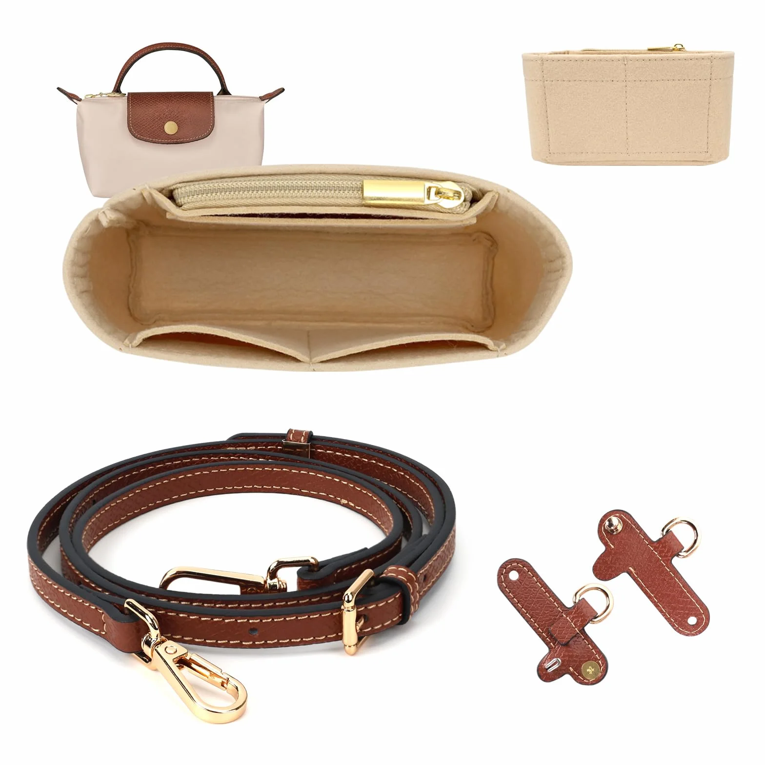 GADITIEK Correa y Organizador para Longchamp Mini Bolsos Mujer, Cuero Strap y Fieltro Organizer para Mini Bolsos