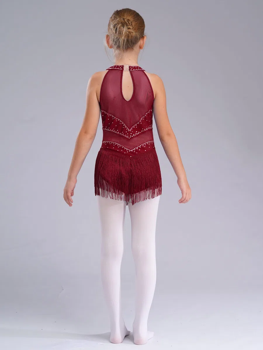 iiniim Vestido de Patinaje sobre Hielo para Niñas Maillot Baile Latino con Flecos y Brillante Pedrería Leotardo Gimnasia sin Mangas Vestido de Baile Salsa Cha Cha