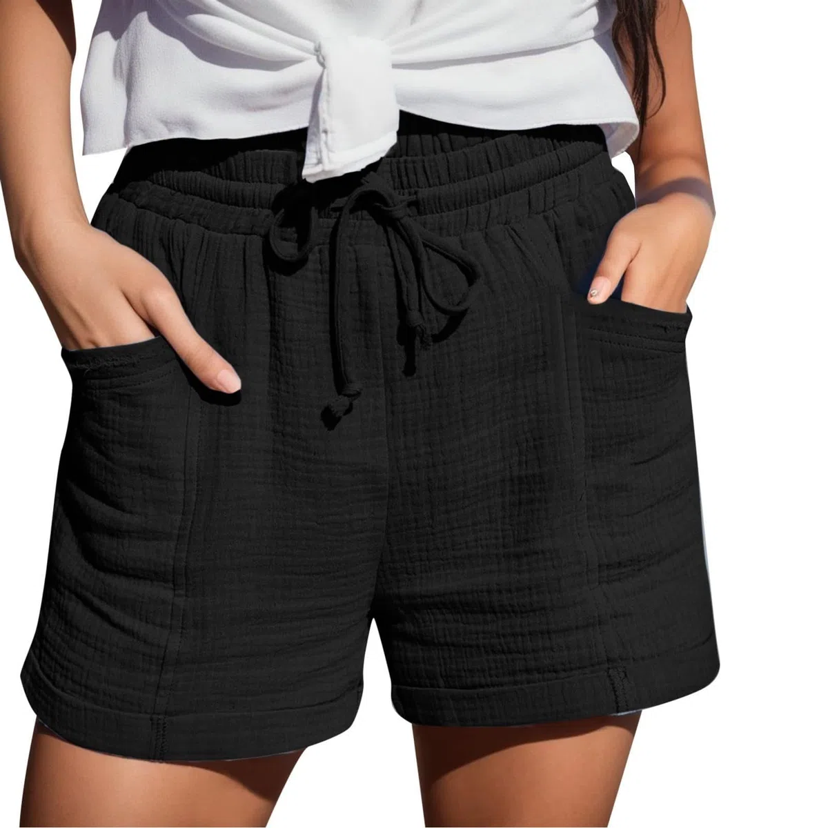 Pantalones Cortos Sueltos de Verano para Mujer CóModos Pantalones Cortos de AlgodóN y Lino para Mujer con Bolsillos Pantalones Casuales de Verano con CordóN de Cintura Alta