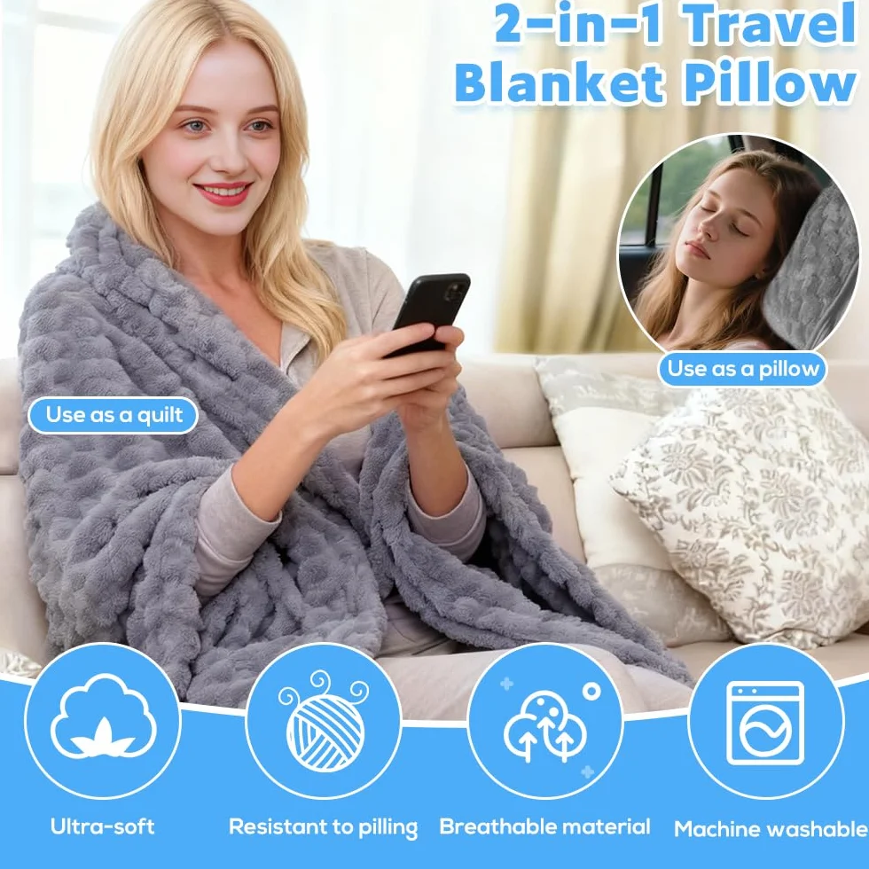 Manta Viaje, Mantas para Cama, ADDLIVE Manta de Viaje 2 en 1, 152 * 127 cm Mantas para Sofa, Blanket, Man-ta Portátil de Avión, Man-ta de Via-je Ultraligera para Avión, Camping, Coche, Oficina y Hogar
