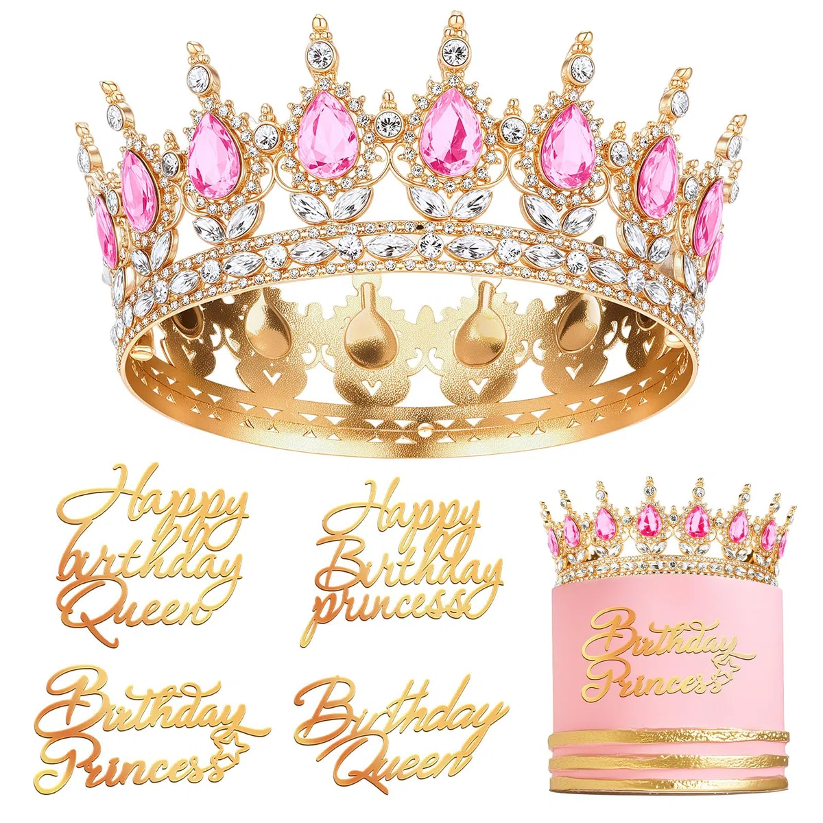 Corona de Cumpleaños para Tartas para Mujeres y Niñas Corona de Princesa Reina Tiara de Cumpleaños para Pastel con 4 Decoración para Tartas de Happy Birthday Queen Princess