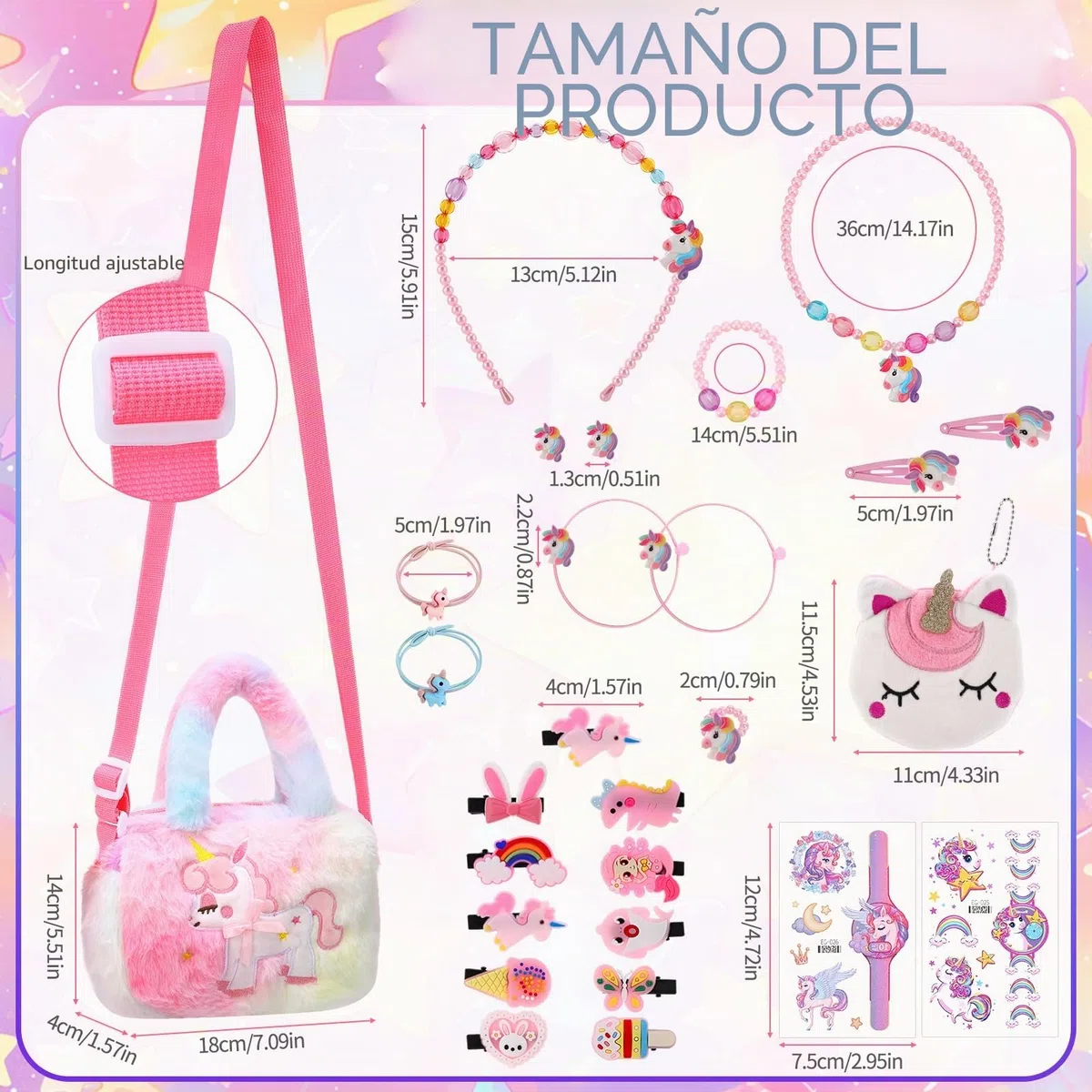Set de 26 piezas de joyería de unicornio para niñas, joyería para niños, bolsos, collares, pulseras, anillos, pendientes, horquillas, regalos de unicornio para niñas de 3, 4, 5, 6 años