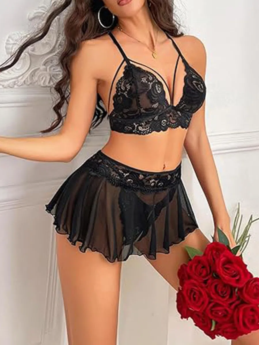 JFAN Conjunto Lencería para Mujer 3 Piezas Transparente Cuello en V de Encaje Mini Babydoll Floral Conjunto de Push Up Sujetador y Tanga