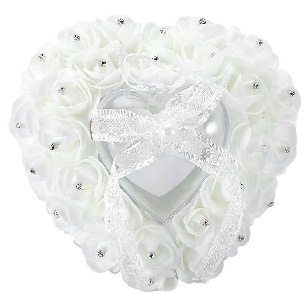 Almohada de Anillo de Boda, Caja de Anillo de Boda para Portador de Anillo en Forma de Corazón para Compromiso de Propuesta, Caja de Anillo de Corazón de Boda de Rosa de Cristal de Encaje(Blanco)