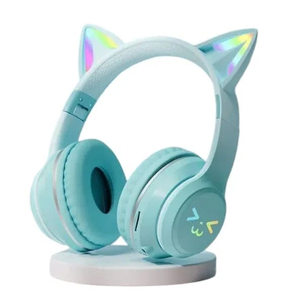 Auriculares Bluetooth Inalámbricos para Niños con Orejas de Gato LED, Sonido Estéreo, Micrófono, Batería Duradera, Diadema Ajustable, Plegables, Verde