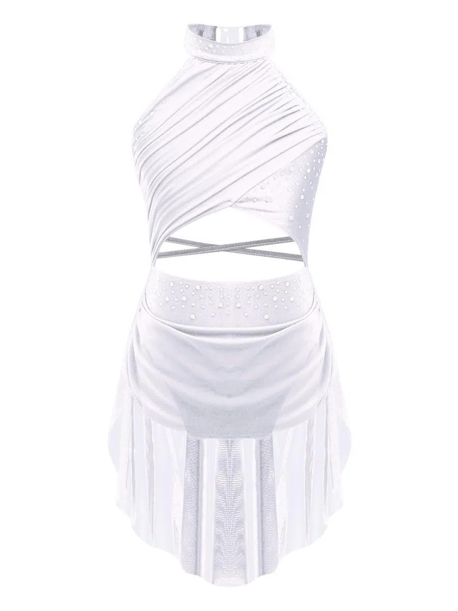iiniim Vestido de Patinaje Artístico para Niñas Vestido Danza Lírica y Contemporánea Maillot con Falda Ballet de Malla y Pedrería Brillante Disfraz Bailarina 5-16 Años