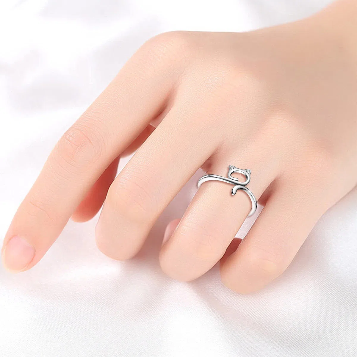 Anillo de mujer de plata 925 – Anillo en Forma de Gato Ajustable Anillo Gatito para Mujeres Chica Niña