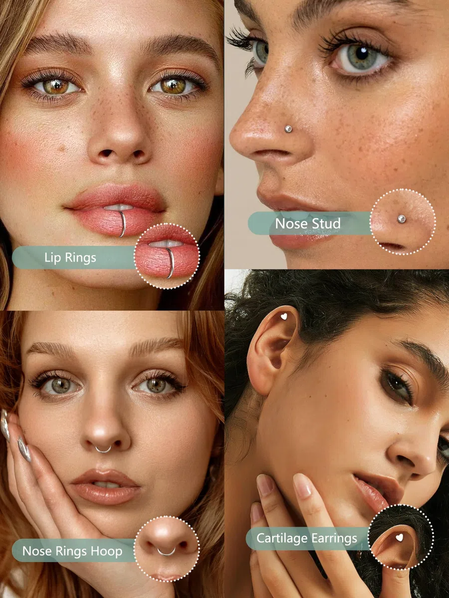 Diamday 32 Piezas Piercing Nariz Mujer Hombre Acero Quirúrgico Hipoalergénico Clavo Nasal Transparente de Acrílico Forma L Recta y Espiral Piercing Nostril Hélice Trago Joyería Corporal 18G 20G