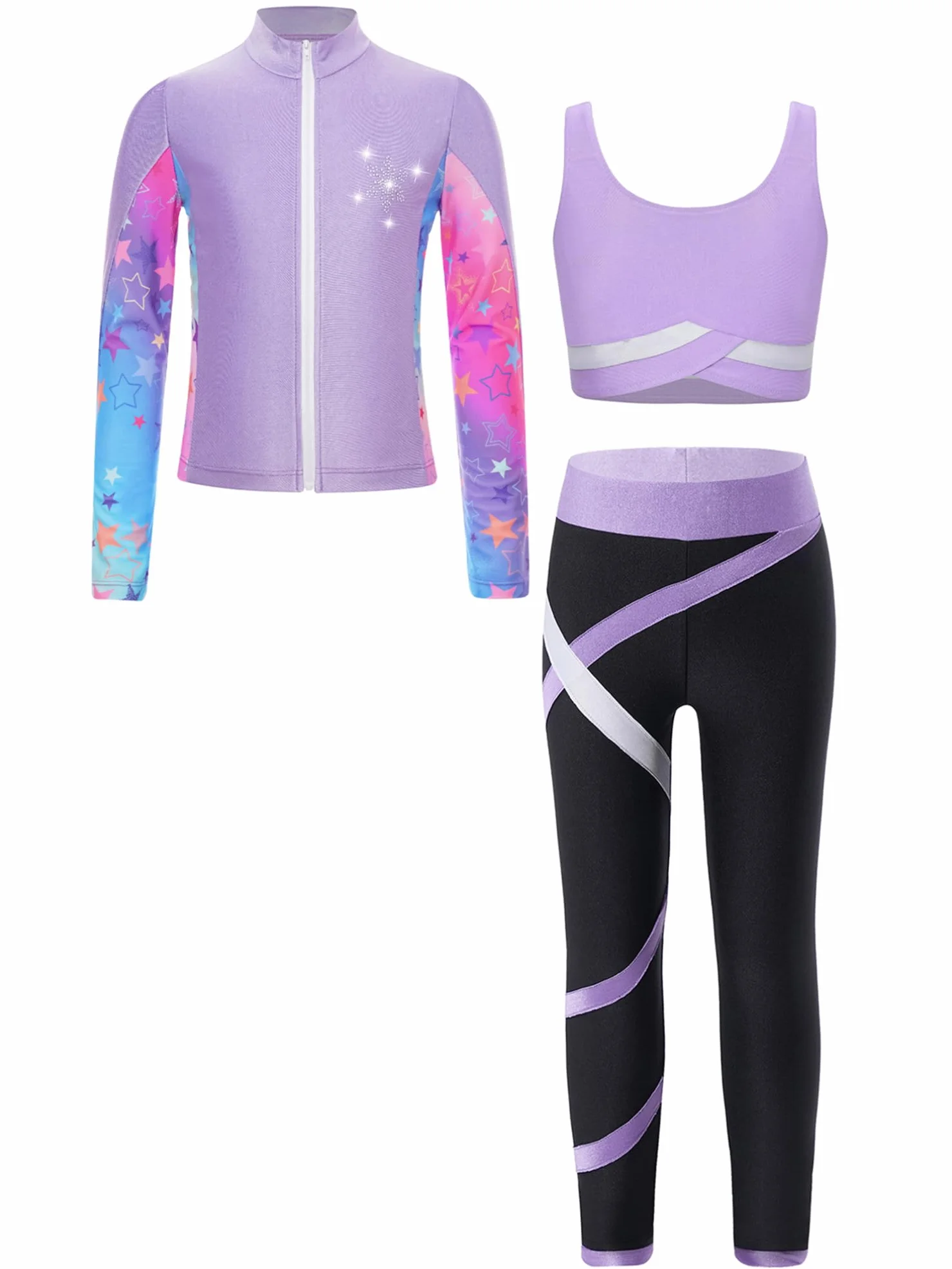 TiaoBug Conjunto Deportivo Para Niñas Chaqueta Manga Larga + Chaleco Sin Mangas + Leggings Traje De Gimnasia Rítmica Entrenamiento