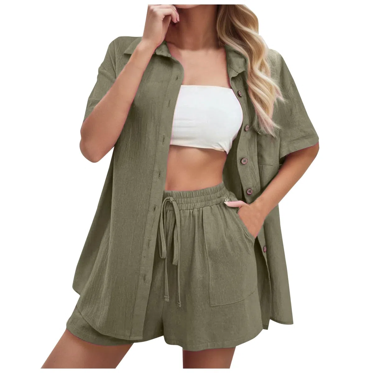 2025 - Traje casual de moda para mujer, pantalones cortos y camisa de verano de color sólido, conjuntos de dos piezas, camisa de solapa, trajes ajustados para mujer, trajes de vestir y pantalones