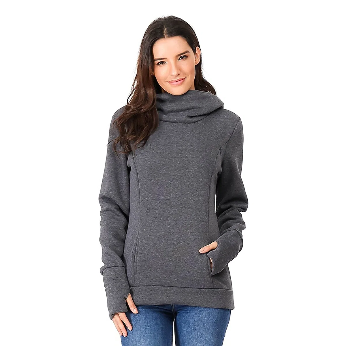 Jersey de lactancia para mujer, manga larga, cuello alto, jersey de maternidad, sudadera de invierno con bolsillos, sudadera de lactancia de dos capas, para embarazo, ropa de maternidad