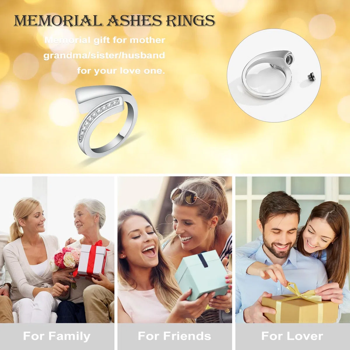 Anillo de urna para cenizas para mujeres y hombres, anillo de ceniza de circonita cúbica, joyería conmemorativa de cremación, recuerdo de duelo, regalo para la pérdida de un ser querido