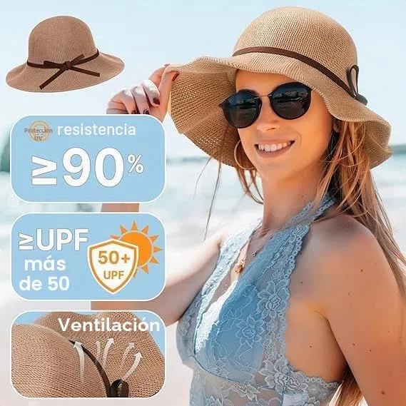 Sombrero Playa Mujer Verano UPF 50+ Gorro Sol de ala Ancha con Decoración de Lazo Playa Accesorios Plegable Gorra de Sol para Viajes Vacaciones (Caqui)