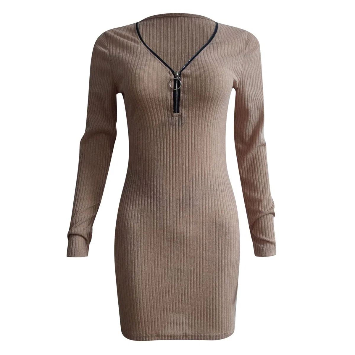 Vestido de otoño para mujer, sexy, manga larga, cuello de pico, vestido de punto con cremallera, tira de botones, vestido ajustado, vestido envolvente, minivestido de línea A