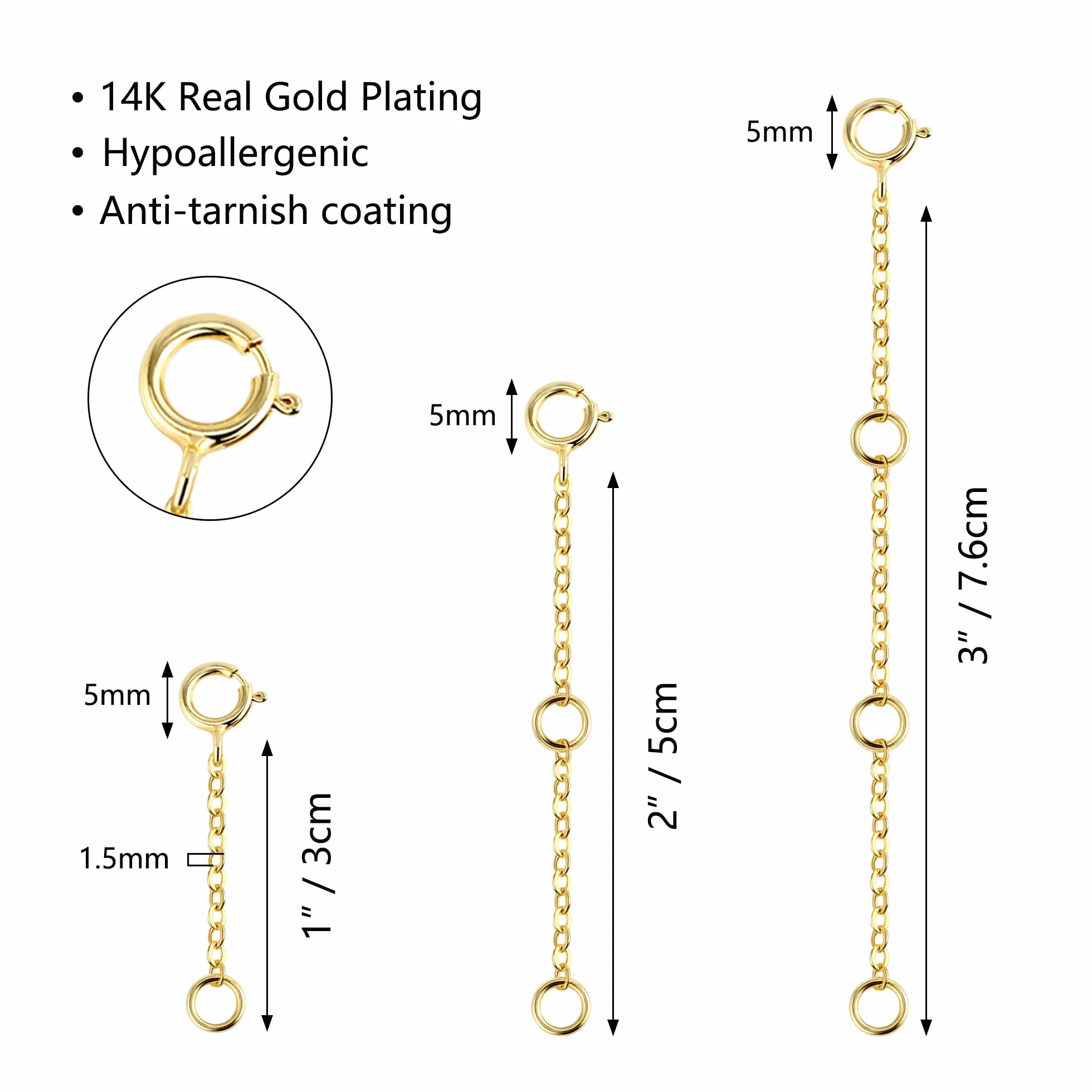 ALEXCRAFT Extensión de cadena de oro rosa, 3 unidades, chapado en oro rosa de 14 quilates, cadena de extensión para tobillo, pulsera, cadena de extensión de oro rosa para fabricación de joyas