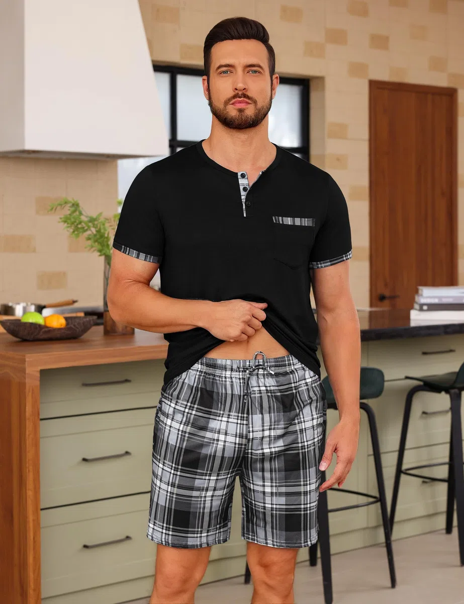 Uniexcosm Pijamas Hombre Verano Corto Algodón, Pijamas Cuadros Hombre Pijama Algodón Ropa de Casa Cuello Redondo con Abertura Abotonada Manga Corta con Bolsillos y Pantalón con Bolsillo