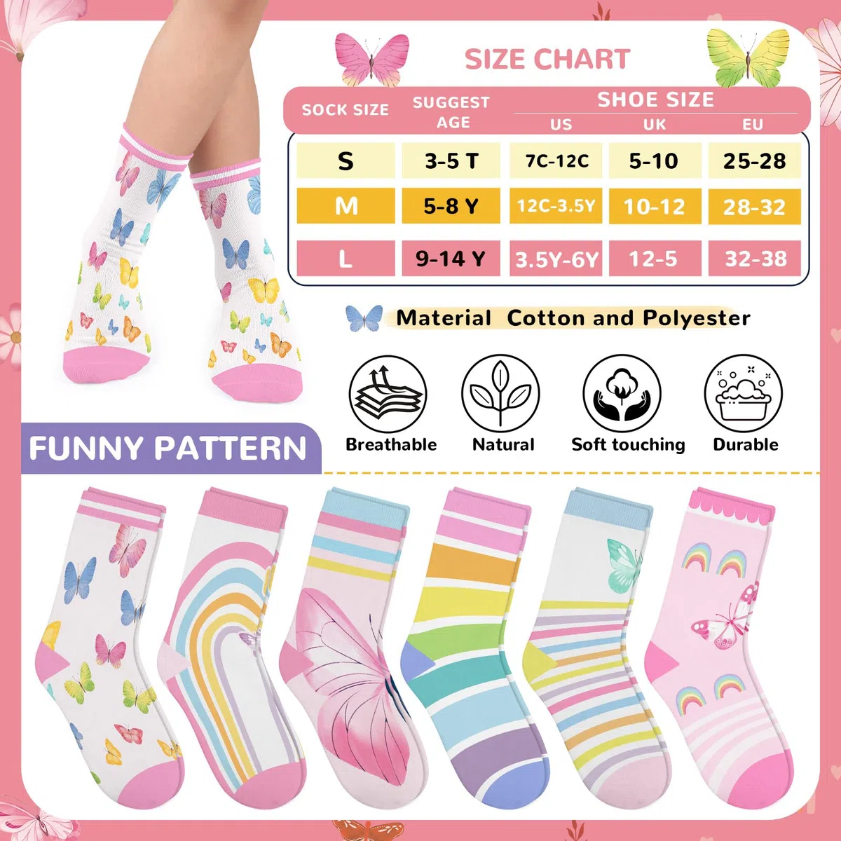 6 Pares Calcetines Niñas Infantiles con Patrones Coloridos Lindas Mariposas y Rayas de Arco Iris Calcetín Crew Tobilleros Suaves Regalos 3-14 años Tamaño 26-38