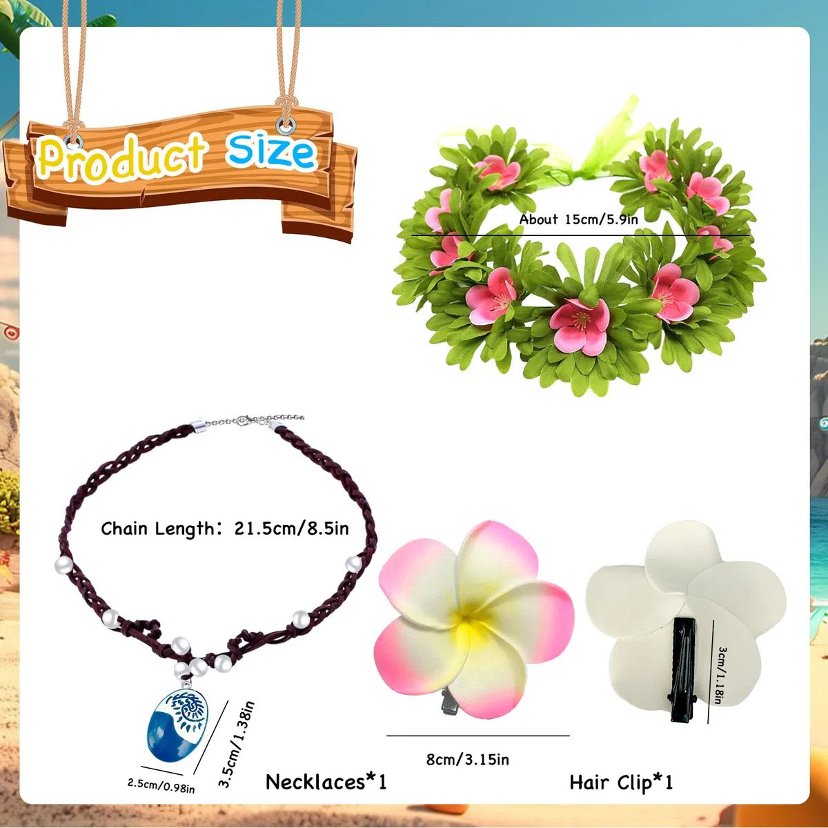 Moana Collana, 3 Pezzi Moana Costume Accessori, Collana da Moana Principessa, Moana Ghirlanda Del Copricapo, Set di Gioielli Accessori Per Abiti da Principessa