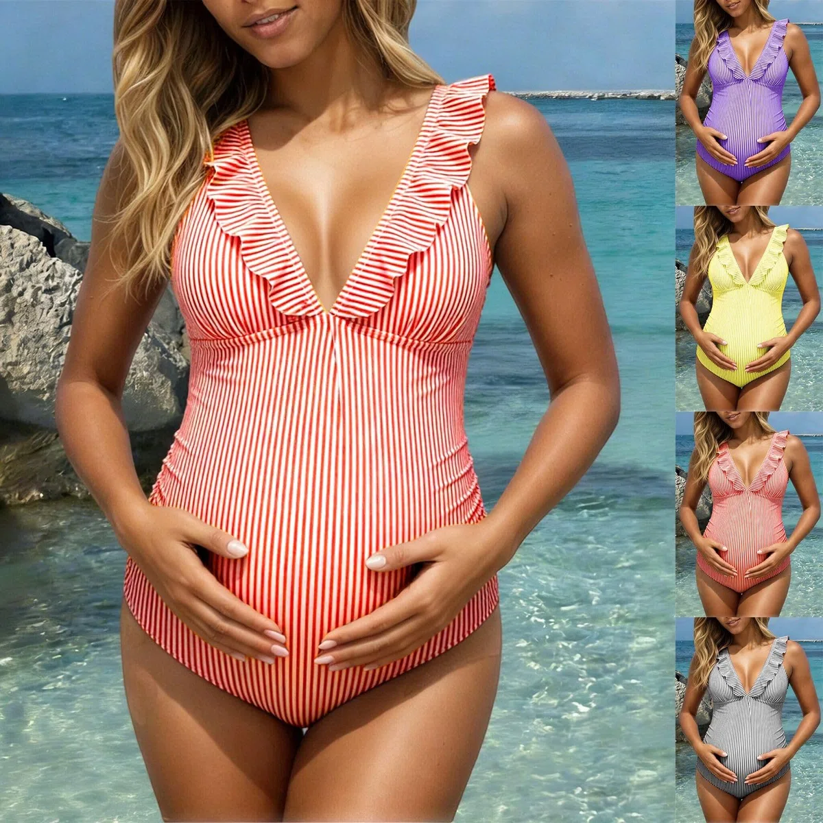 Traje de baño para mujer de dos piezas, sin mangas, borde ondulado, traje de baño premamá bikini de maternidad, traje de baño de maternidad, traje de baño ajustable