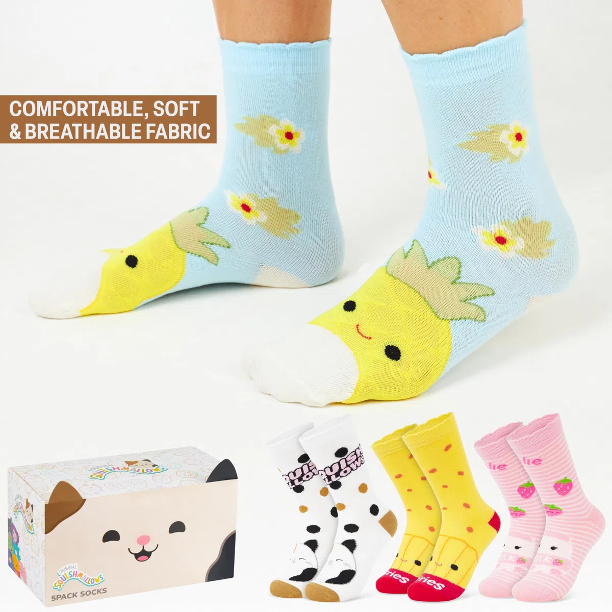 Squishmallows Calcetines Niña y Adolescentes Divertidos, Pack 5 Calcetines Transpirables Invierno Colores, Regalos Originales