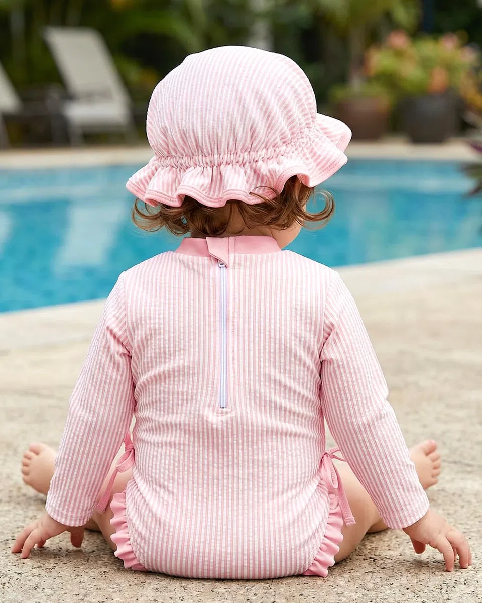 DivingBirds Bañador de manga larga para niña, traje de baño de una pieza con capucha, material elástico, diseño colorido para 3-24 meses