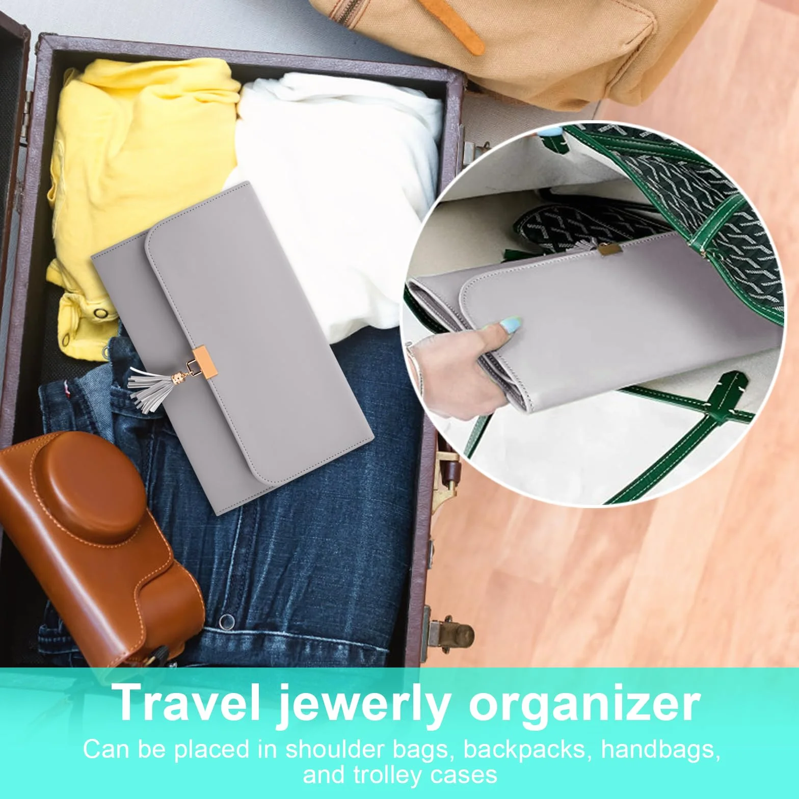 Catime Rollo de Organizador de Joyero Viaje, Bolsa de Almacenamiento Joyas de Cuero, Rollo de Joyería Plegable Portáti Gran Capacidad, Estuche para Joyas de Viaje Collares Pulseras Pendientes Anillos