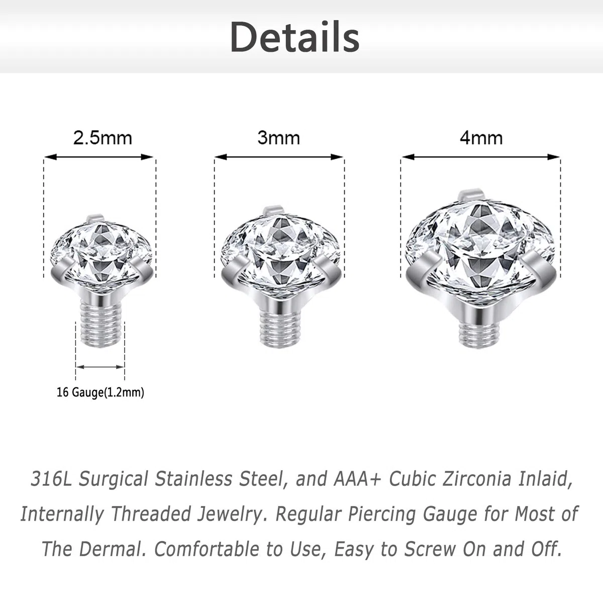 ZS 15 piercings dérmicos de acero inoxidable de 16 g, 2,5/3/4 mm, circonita cúbica, ancla dérmica, para hombres y mujeres