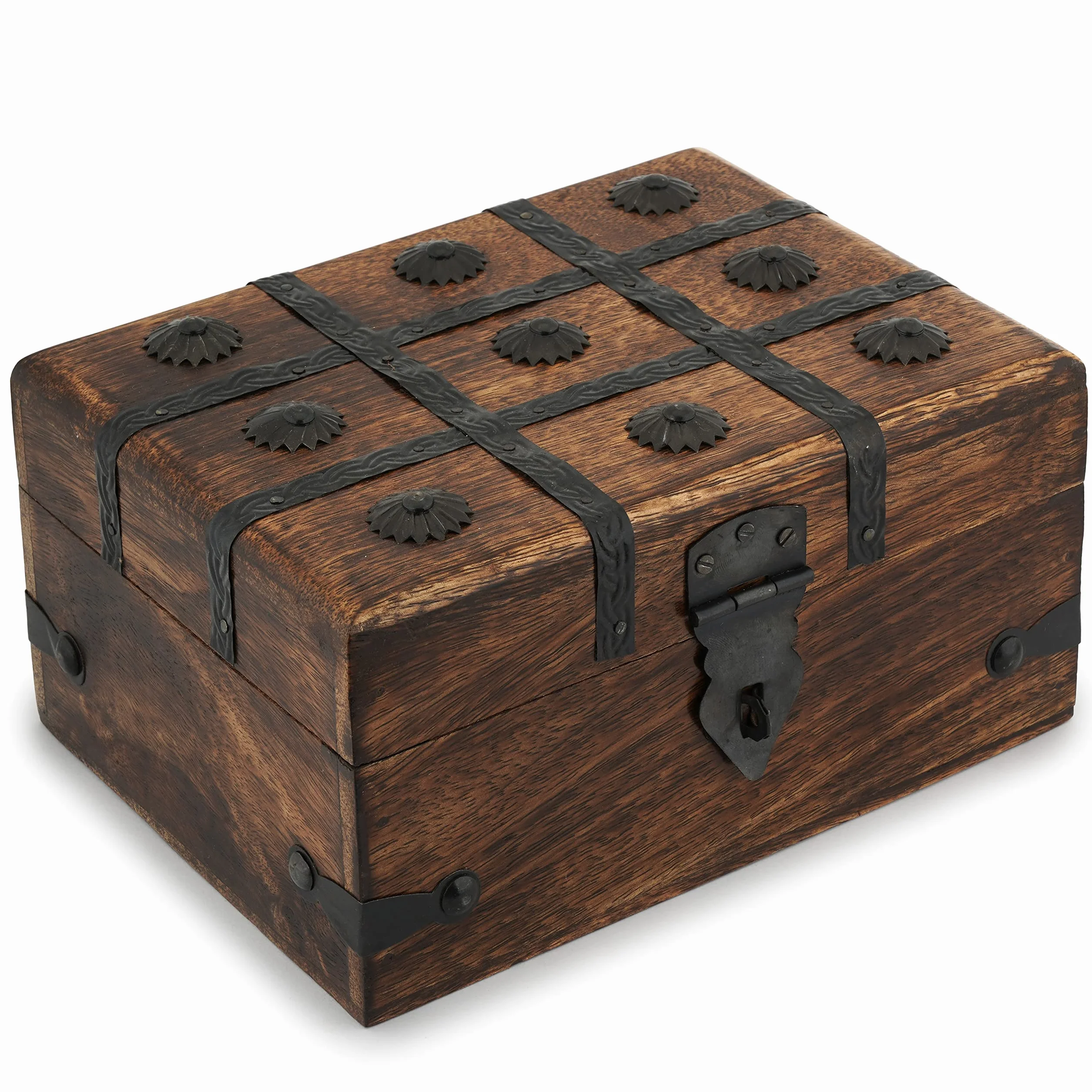 Ajuny Caja de joyería decorativa de madera hecha a mano con forma de cofre del tesoro pirata, tiras de concha cruzada, caja de almacenamiento para recuerdos, grandes regalos de 8 x 6 pulgadas