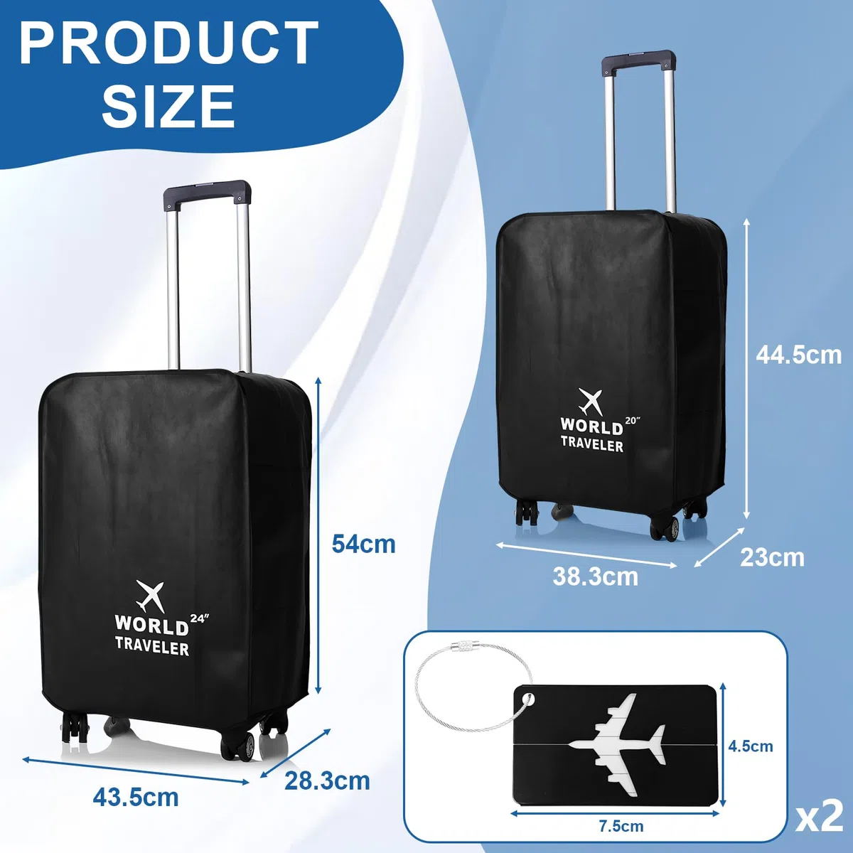 Funda Maleta, Fundas Maletas de Viaje, Protectora de Equipaje de Viaje con Bolsillo, Impermeables Cubreequipajes Cover, Lavable, Reutilizable, Negra, 2 Piezas (20inch+24inch)