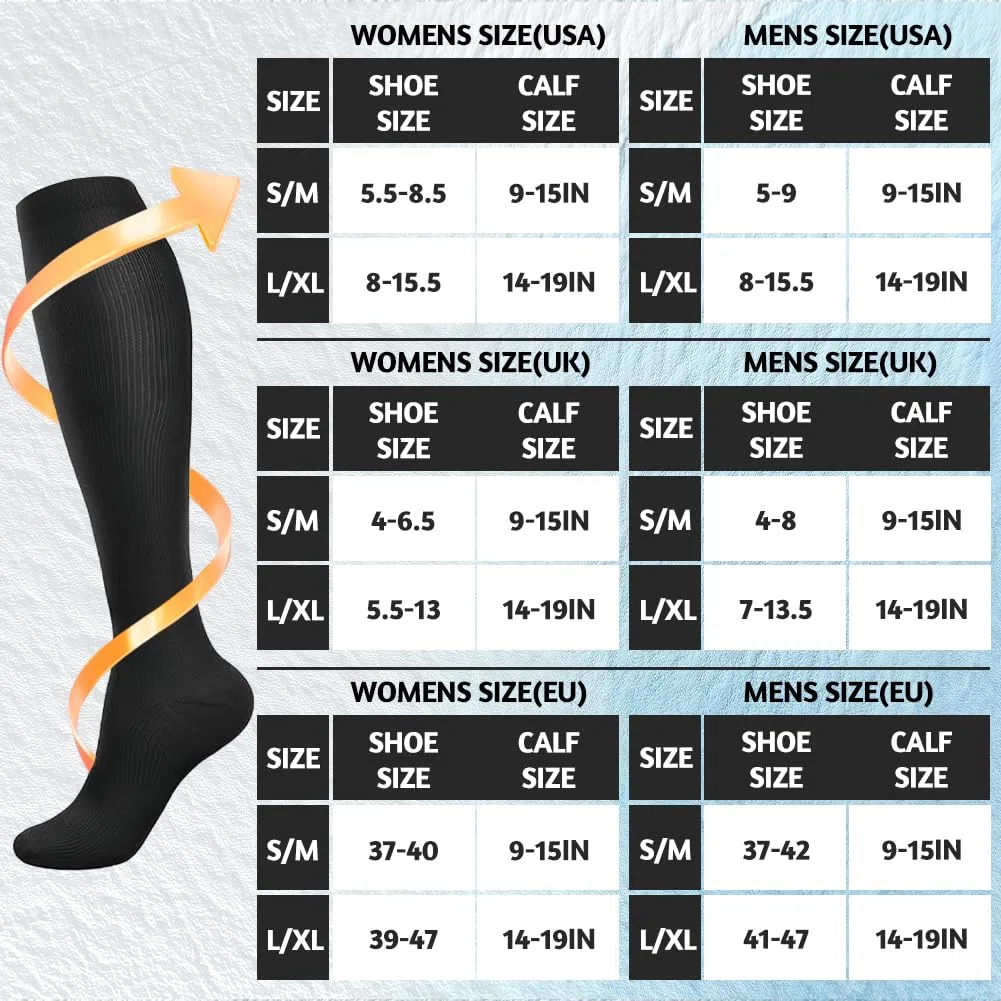 flintronic 6 Pares Calcetines de Compresion, Calcetines Compresion Running 15-20mmHg, Medias de compresion para Enfermera, Atletismo, Running, Ciclismo, Viajar 14-19in