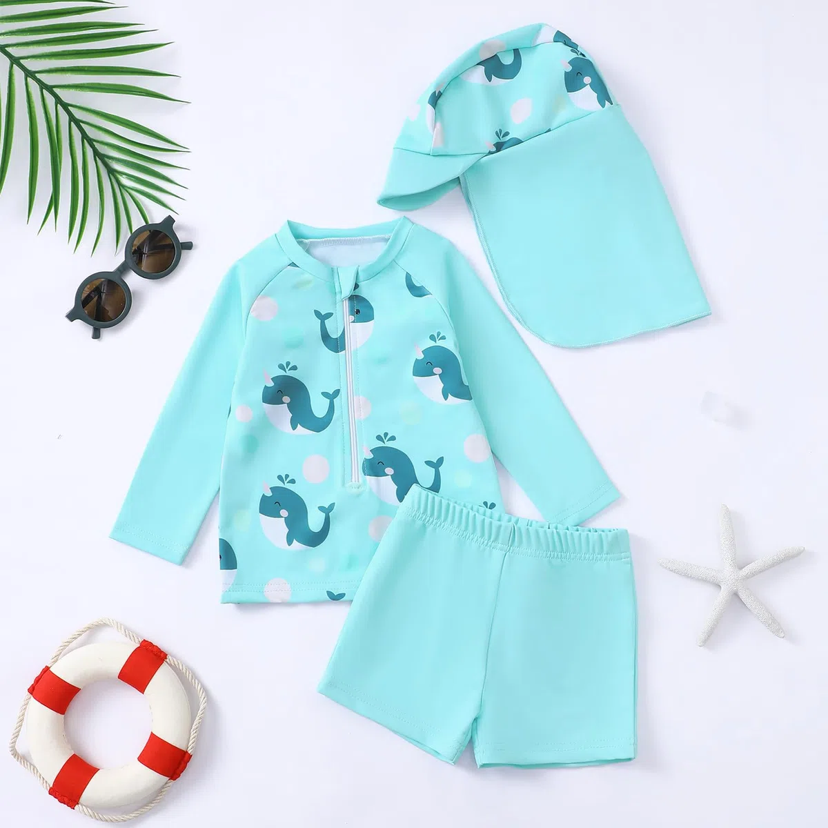 Generisch Ropa de protección solar infantil de manga larga Rashguard con bañador, gorro para bebés de 0 a 3 años, traje de verano para la playa, piscina, Pascua, bebé