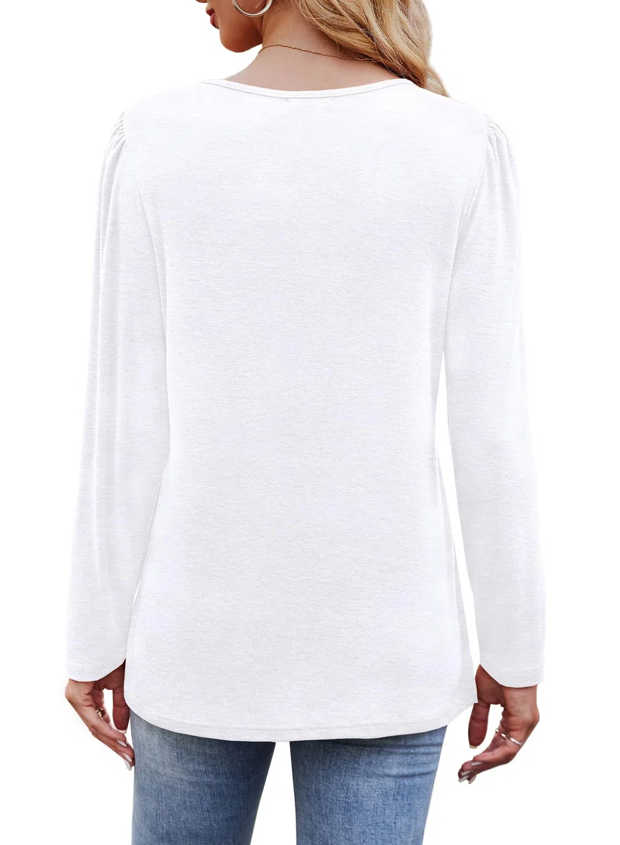 Cuptacc Camiseta de manga larga para mujer, cuello redondo, holgada, con pliegues, mangas abullonadas, con botones, manga larga para mujer