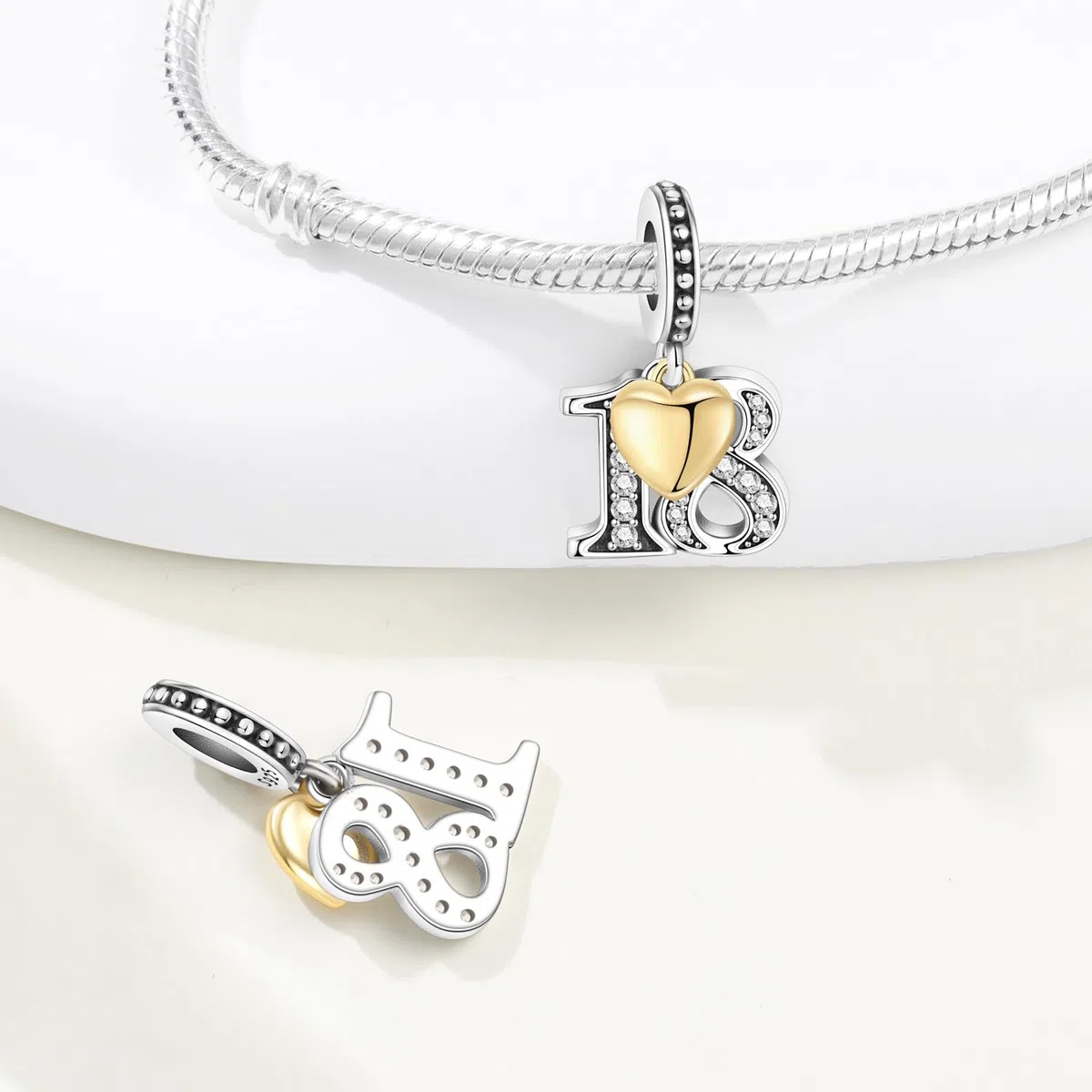 Abalorio para pulsera y collar, plata de ley 925 con circonita y corazón chapado en oro de 18 quilates, regalo para aniversario, cumpleaños, edad (10, 13, 15, 16, 18, 20, 21, 25, 30, 40, 50