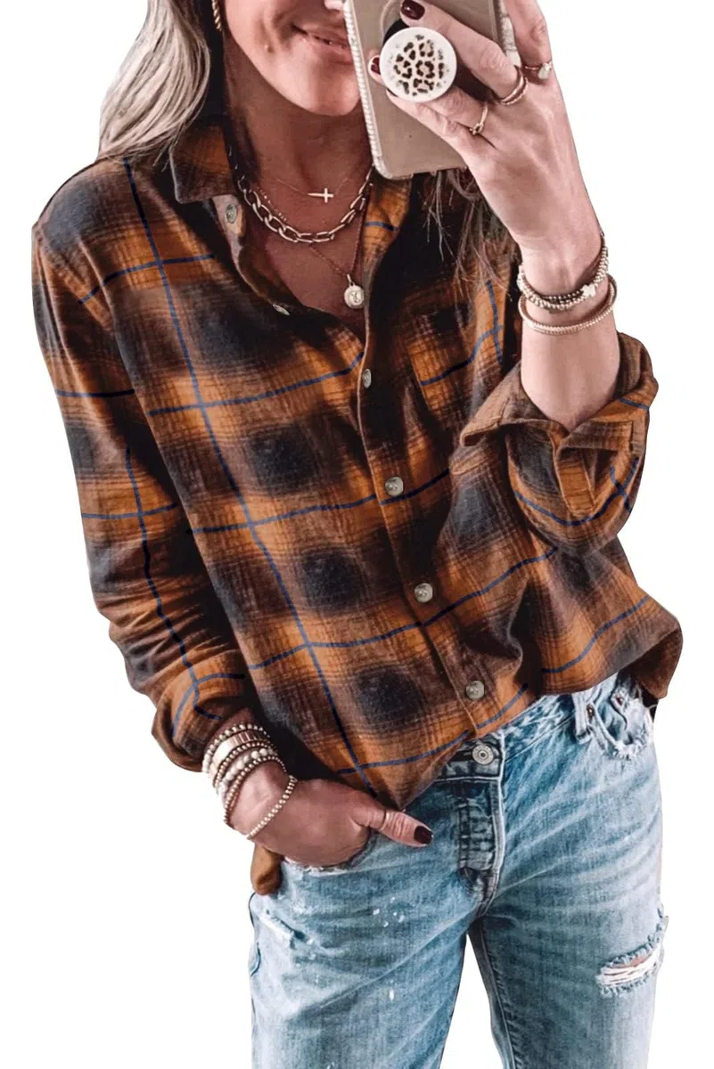 Imily Bela Blusa para mujer a cuadros, informal, manga larga, camisa de franela, camisa a cuadros, botones de manga larga.
