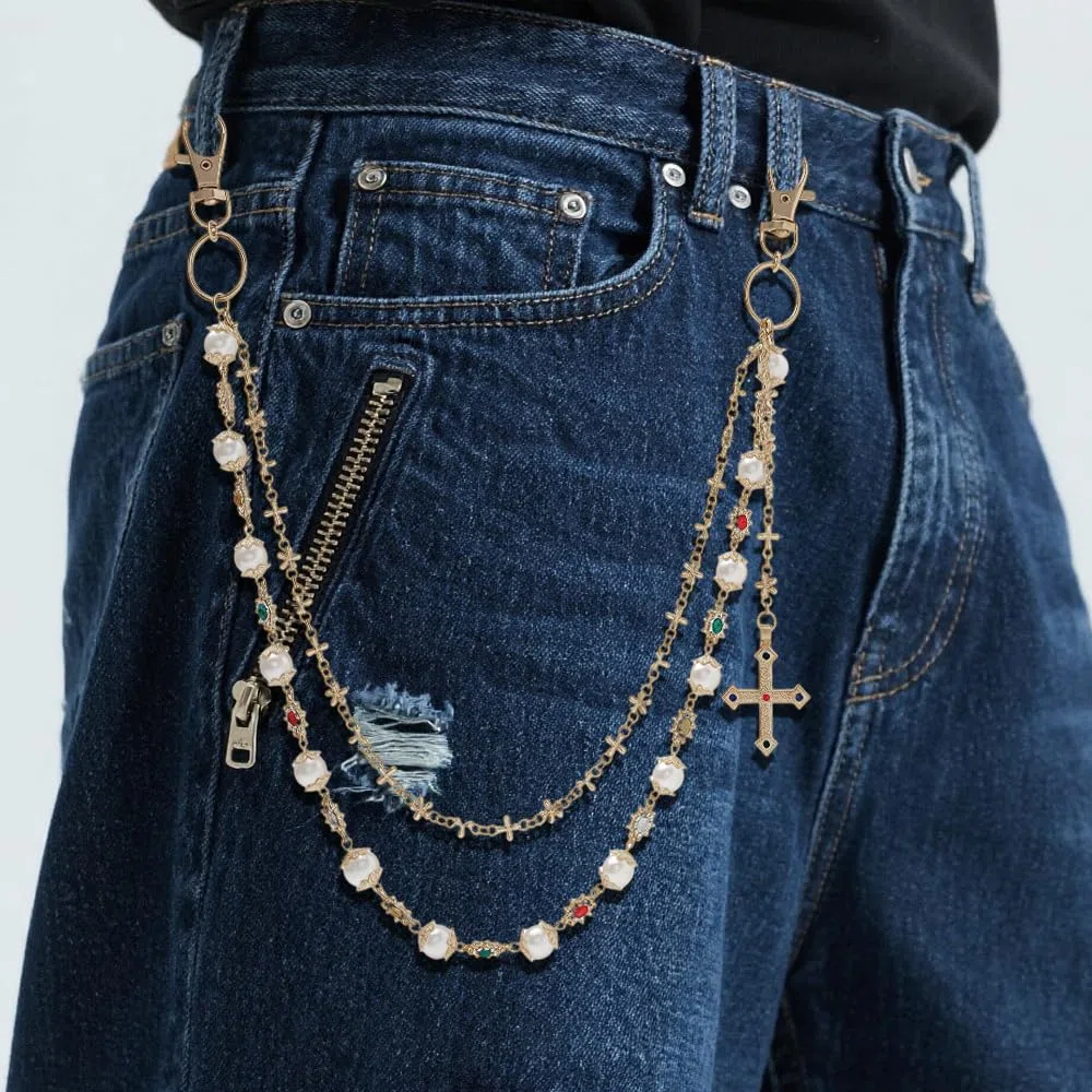 Cadena Pantalón Perlas Elegante Moda Urbana Con Colgante Cruz Accesorio Jeans Mujer Joyería Streetwear (dorado 01728)
