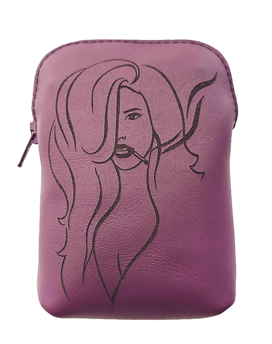 Pitillera Grabada de Piel Morada con Cierre Cremallera para Mujer, Funda Cajetilla de Cuero para Señora