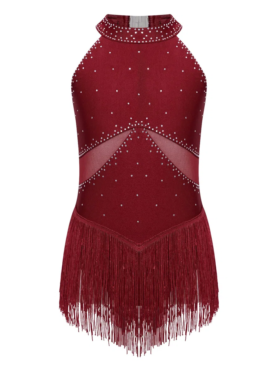 iiniim Vestido de Patinaje sobre Hielo para Niñas Maillot Baile Latino con Flecos y Brillante Pedrería Leotardo Gimnasia sin Mangas Vestido de Baile Salsa Cha Cha